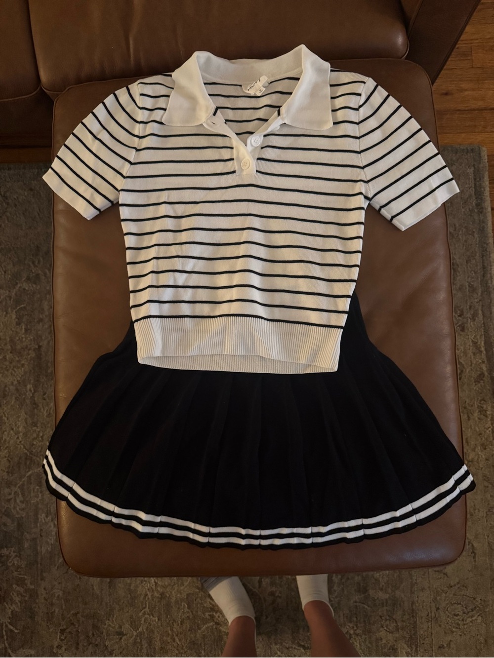 Black and White Striped Polo Knit Top & Skirt Set